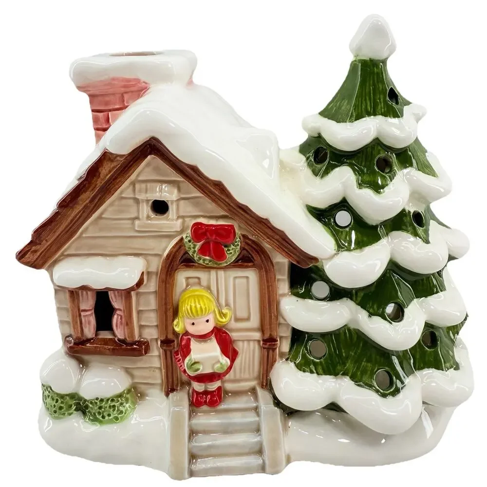 Christmas Cottage Lund's Lites Music Box‎ Lighted Tree Girl Figurine Ceramic EUC